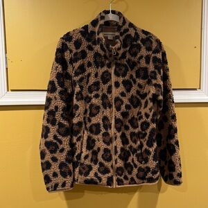 Amazon essentials brown/tan leopard print fleece zip up jacket Women’s medium